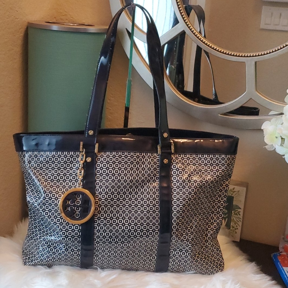 Tory Burch PVC Tote Navy Print with Gold Hardware